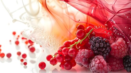 Exotic fruits and berries mixed in a colorful explosion of juices. Concept Exotic Fruits, Colorful Berries, Juice Explosion, Vibrant Flavors, Tropical Delights
