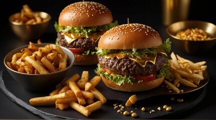 Golden Accent Burger: A hamburger with gold-leaf or metallic accents on the ingredients, set...