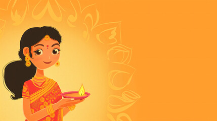 Illustration of Indian girl in saree with a oil lamp