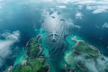 An aircraft captures a bird's eye view of lush, green islands surrounded by turquoise waters and white clouds