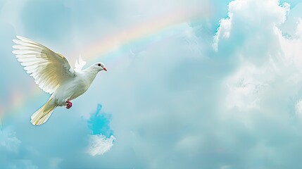 a white dove soaring through the sky amidst billowing clouds and vibrant rainbows, evoking a sense of peace and harmony as the rainbow's hues dance across the blue backdrop.