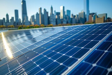 Fototapeta premium Macro shot focused on the texture of solar panels with blurred city skyline, highlighting alternative energy in urban settings