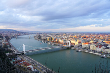 Beautiful Budapest panorama with Danube river with bridges from Gellert Hill, scenic Budapest view