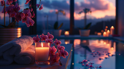 Serene spa essentials with candles and orchids