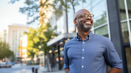 Confident happy smiling mature African businessman standing in the city, wearing shirt, looking away