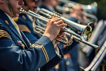 Obraz premium A military band in uniform performing patriotic tunes during a public ceremony, with a focus on trumpeters and their precise coordination.