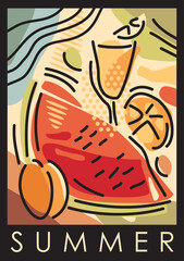 Still life illustration with summer fruits and glass of juice. Watermelon artistic vector graphic. Seasonal summer banner design.
