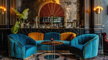 Art Deco Bar Lounge with Velvet Upholstery