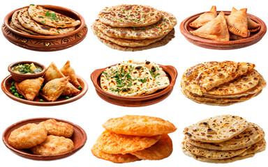 set of Roti, Naan, Chapati, Paratha, Poori, Bhatura, Kulcha, Phulka, Missi Roti, Tandoori Roti, indian and pakistan cousine, asian food, on white isolated background, pastry, bakery, restaurant menu