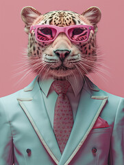 anthropomorphic leopard wearing a business suit and sunglasses, pastel color scheme