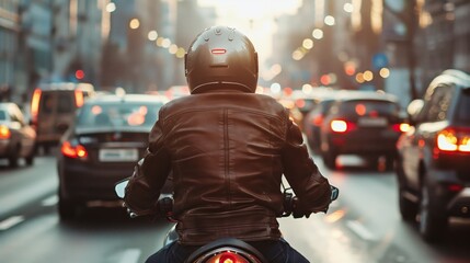 A motorcyclist in a black leather jacket and black helmet rides in a large stream of cars on the street of a big city, rear view - Powered by Adobe
