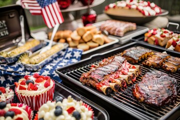 Traditional Fourth of July barbecue setup with various dishes on a table adorned with American flags. 4th of July, american independence day, happy independence day of america , memorial day concept
