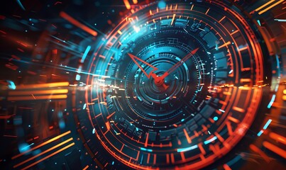 Fototapeta premium An abstract futuristic technology background showcases a clock concept intertwined with elements reminiscent of a time machine. This vector illustration allows for the rotation of clock hands