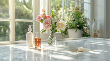 Tranquil Marble Vanity: Aesthetic Arrangement of Bottles, Flowers, and Sunlight in White-themed Bathroom