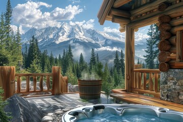 Luxurious mountain cabin with hot tub and scenic snowy peaks view. A cozy cabin in the mountains, with a hot tub on the deck overlooking a breathtaking view of snow-capped peaks.