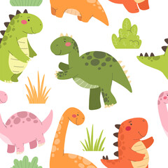 Seamless pattern with dinosaurs. Cute cartoon dinosaurs, children's print, vector.