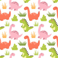 Seamless pattern with dinosaurs. Cute cartoon dinosaurs, children's print, vector.