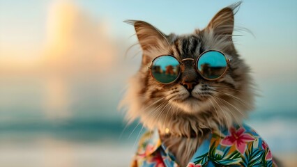 Stylish cat in sunglasses and Hawaiian shirt exudes summer vibes confidently. Concept Pet Fashion, Summer Style, Cool Cats, Sunglasses Trend, Hawaiian Shirts,