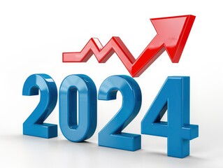 the blue text 2024 with an red arrow pointing upwards on white background