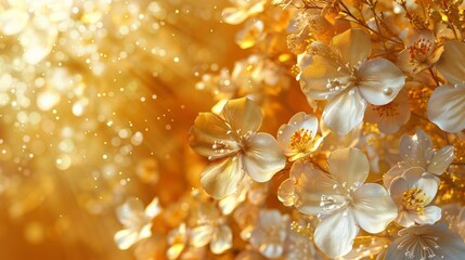 wallpaper of golden floral background with white flowers, orange and yellow light effect