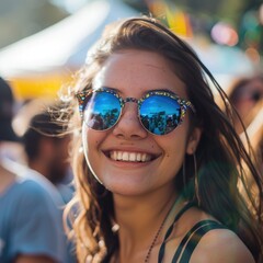 Portrait of a cheerful young woman in sunglasses with reflections, enjoying a sunny day at an outdoor event. AIG50