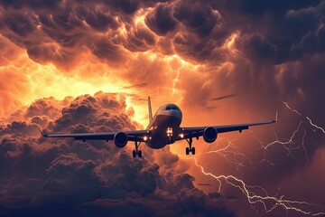 Intense Stormy airplane fly. Rain travel air. Generate Ai