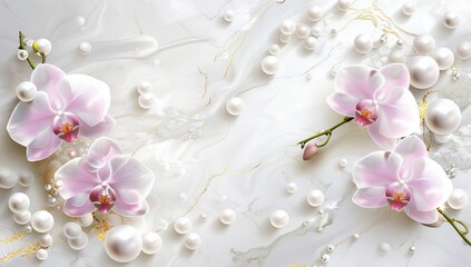 pink orchid flowers branch with pearls decoration on white marble background