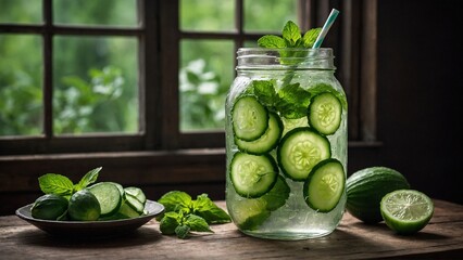 mint infused and iced cucumber water with slices of cucumber in glass bottle