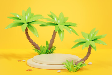 Summer beach 3d background with cylinder two stairs product podium, palm trees, seashells and starfishes