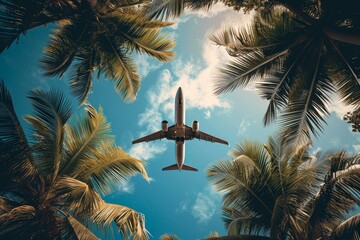 Freedom-filled Airplane over tropical palm tree. Island sky. Generate Ai