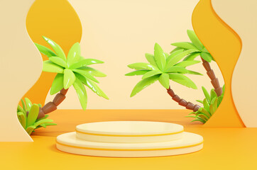 Fototapeta premium Summer sea beach 3d render yellow background with two stairs cylinder product podium and palm trees.