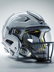 A football helmet design with sleek metallic finish on white background