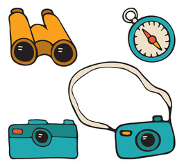 Camp icons set of photo camera, compass and binocular. Hand drawn vector doodles in flat style.