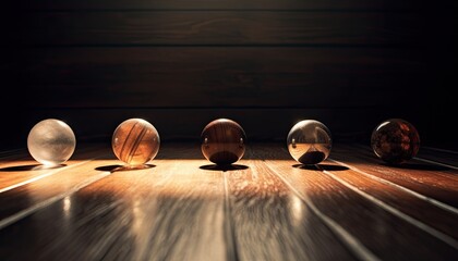 Five glass spheres of different textures on a wooden surface in the sunlight shining through them on a dark wooden wall background.