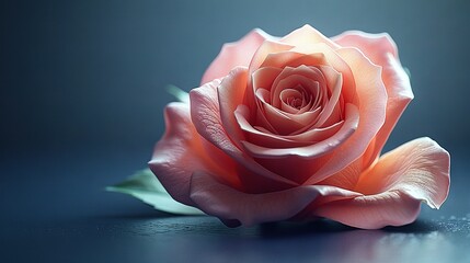   A detailed image of a pink rose on a blue background with water beads on the surface, petals intact