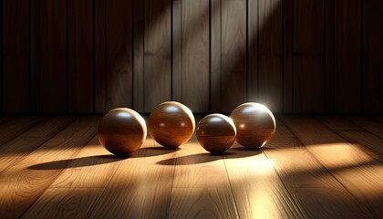 Four wooden spheres of different sizes are placed on a wooden floor illuminated by a beam of light on a dark wall background.