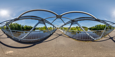 full seamless spherical 360 hdri panorama on iron steel frame construction of pedestrian bridge across the river in equirectangular projection, ready for VR virtual reality content