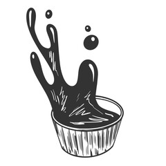 Sketch style gravy boat with sauce splashing out. Engraved illustration of sauce bowl. Fast food
