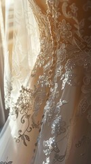 Detailed close-up of a breathtaking wedding dress showcased on a mannequin
