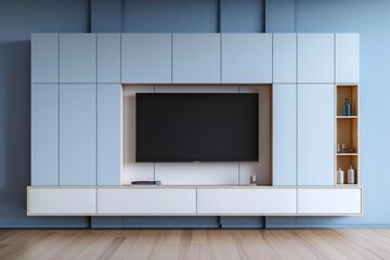 A simple white wall with a television and light grey cabinet against blue walls with wooden flooring