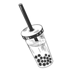 Sketch style bubble tea. Engraved vintage illustration of boba tea. Tea with tapioca balls in a transparent glass with a straw. Take-away drink
