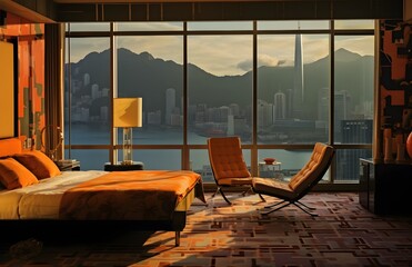 A bedroom with a view of a city and a large window with a view of the city.
