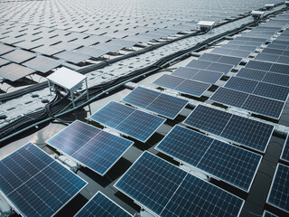 Floating solar panels that generate green, renewable energy.