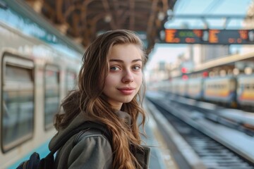 Young Caucasian woman standing at a train station platform, casually dressed, looking back with a slight smile, train in the background.