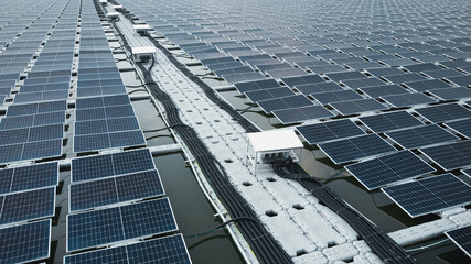 Floating solar panels that generate green, renewable energy.