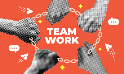 Teamwork concept. Modern collage. Retro halftone hands holding the chain together. Businessmen as links of the business chain. Team connection. Concept of partnership, unity. Top view. Collaboration