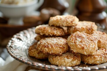 Sweet Alfajores coconut cookies. Traditional south America dessert pastry biscuits. Generate ai