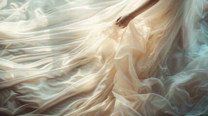 Naklejka premium A graceful woman swirls in a long white gown, creating a dreamy and ethereal scene