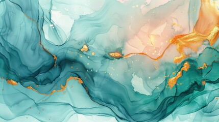 abstract watercolor art, waves of color in teal and gold, fluid shapes on white background