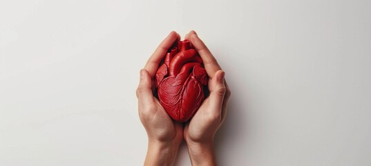 Human hands holding a red anatomical heart model on a plain white background, symbolizing care and health